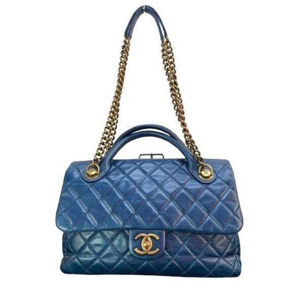 CHANEL Matelasse Coco Mark Chain Shoulder Bag Navy Blue Calf Leather